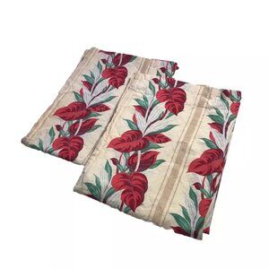 Vintage Pair Hibiscus Curtains Panels Drapes 88 in Long Red Beige Tan Floral 2